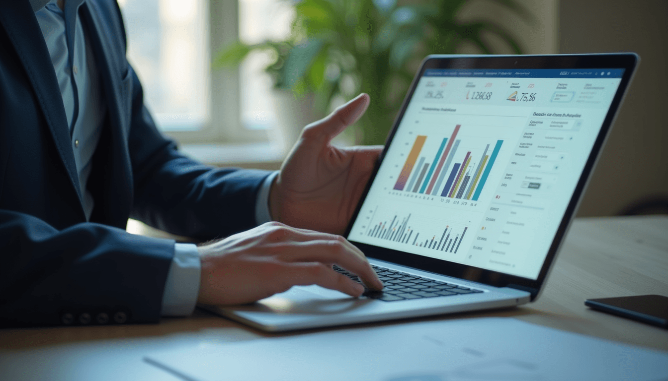 Close-up view of a business professional analyzing digital dashboard on a laptop