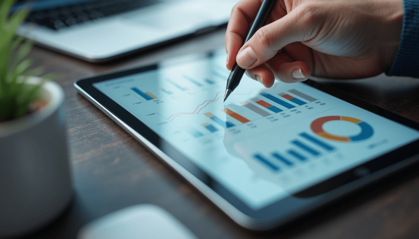 High angle view of a digital tablet displaying business growth charts