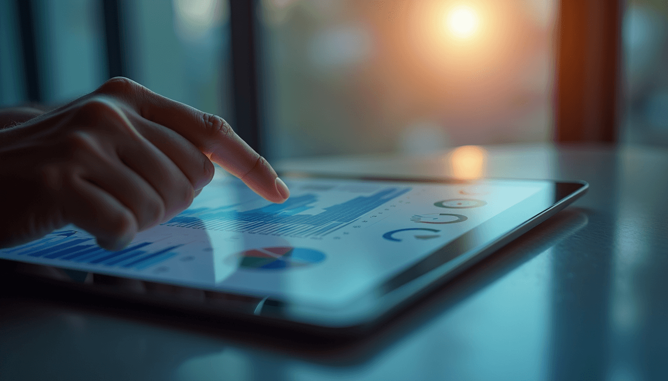 Close-up view of a business professional analyzing digital dashboard on a tablet