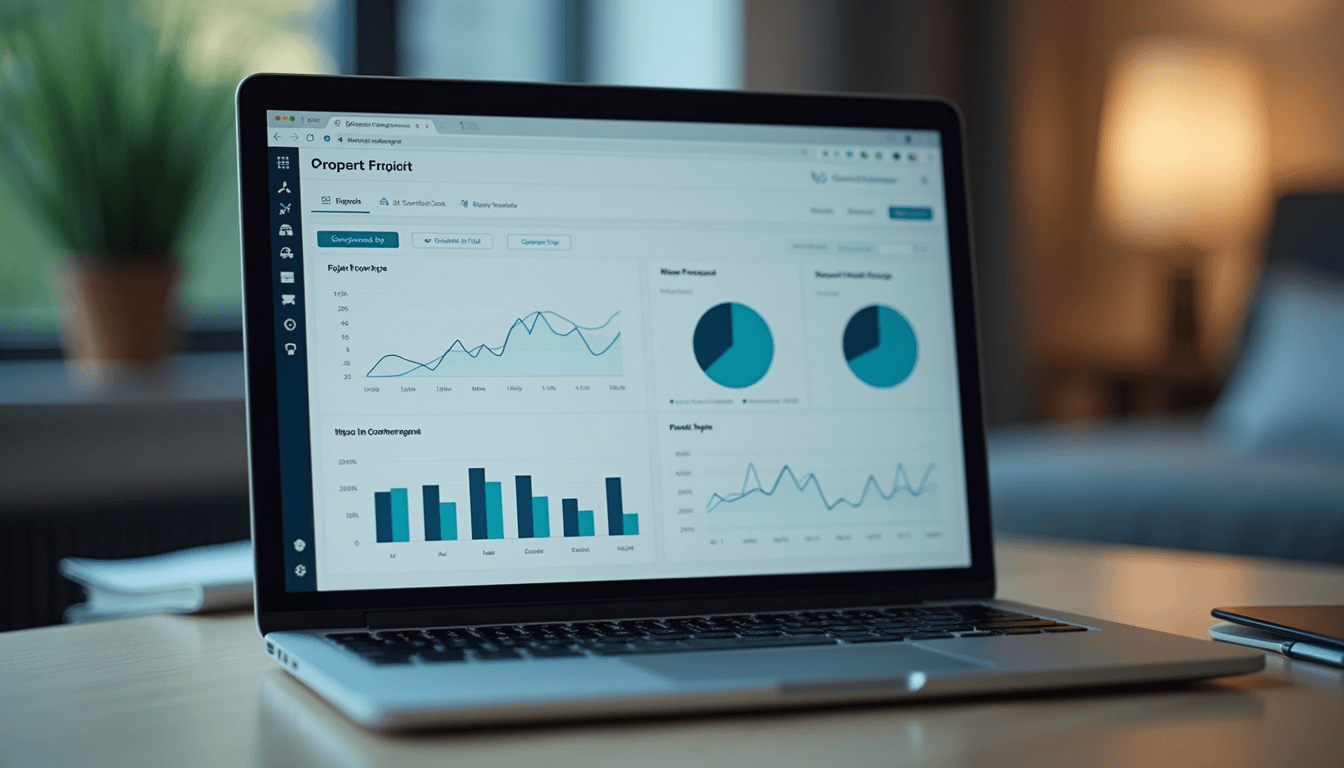 Close-up view of a laptop screen showing a dashboard with sales and project metrics