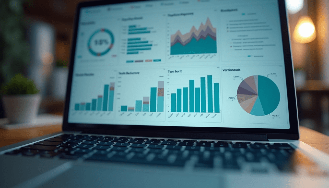 Close-up view of a laptop screen showing data analytics dashboard