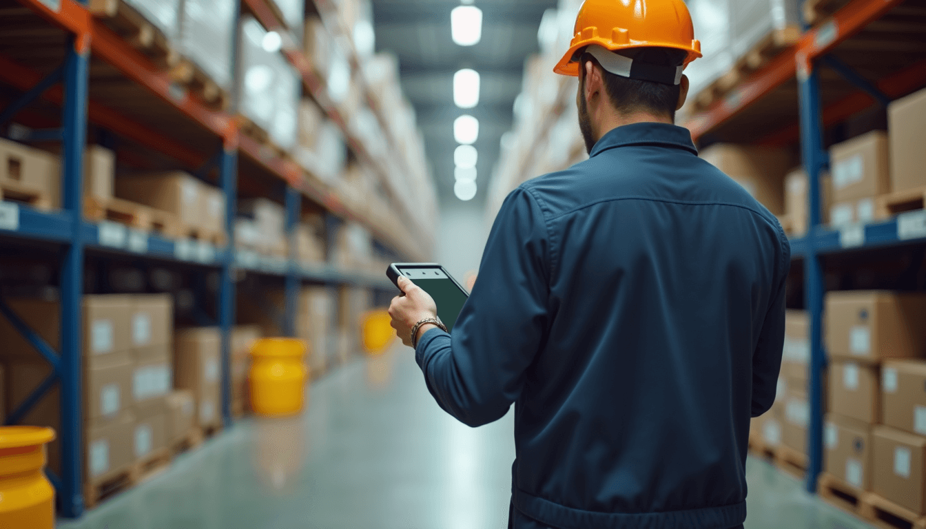 Close-up view of a warehouse worker scanning inventory with a handheld device