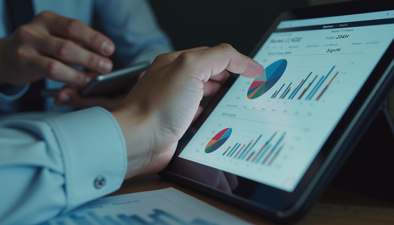 Close-up view of a business professional analyzing data charts on a tablet