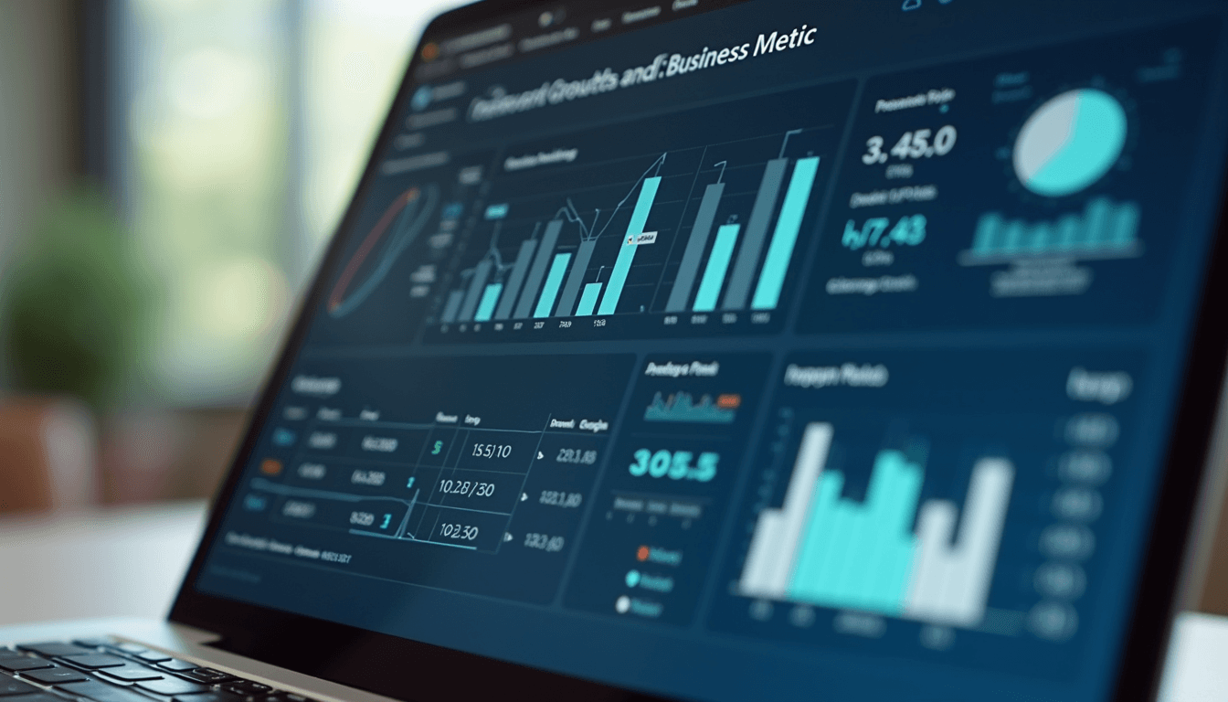 Close-up view of a laptop screen displaying a dashboard with business growth metrics