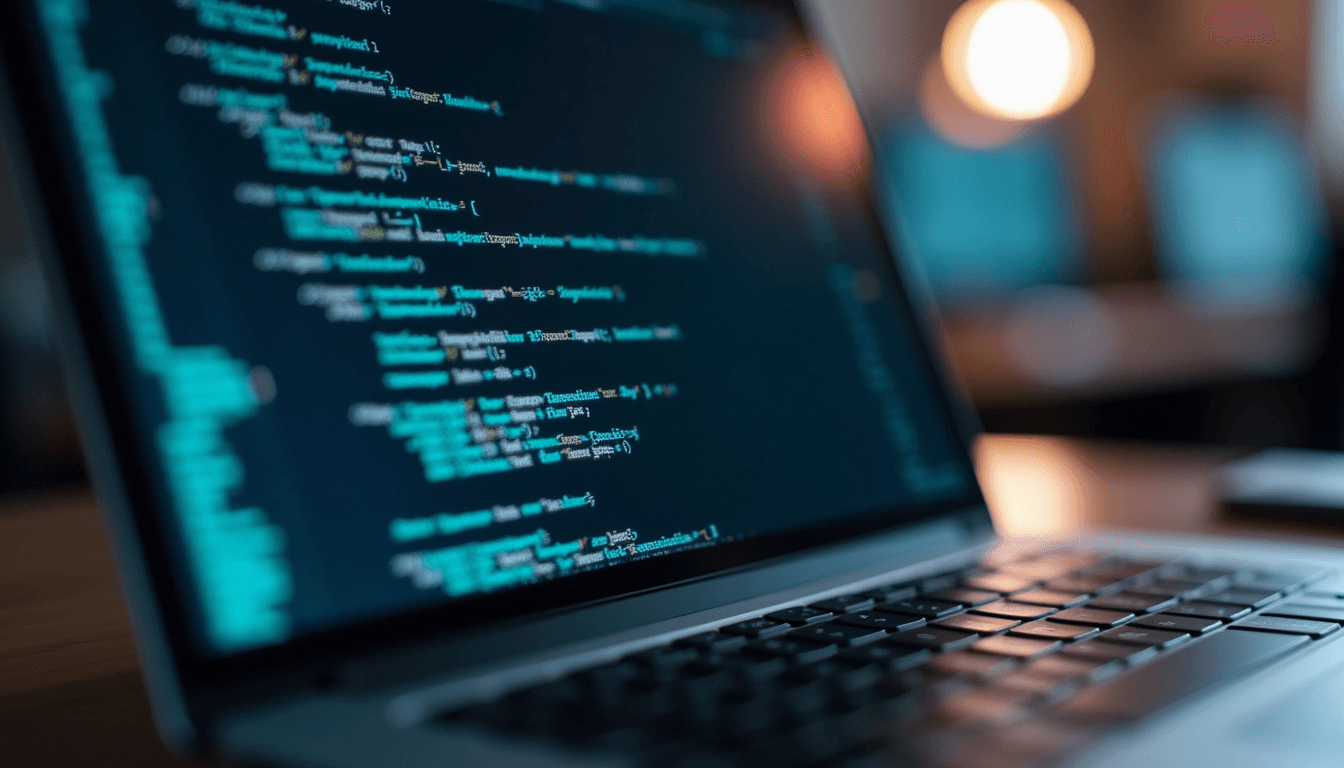 Close-up view of a laptop screen displaying code and security analytics