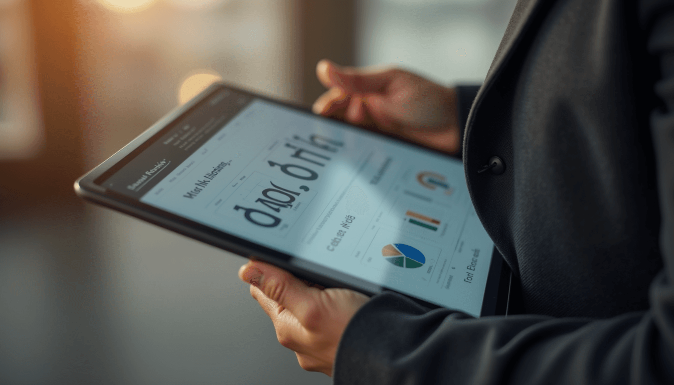 Close-up view of a person reviewing a digital portfolio on a tablet