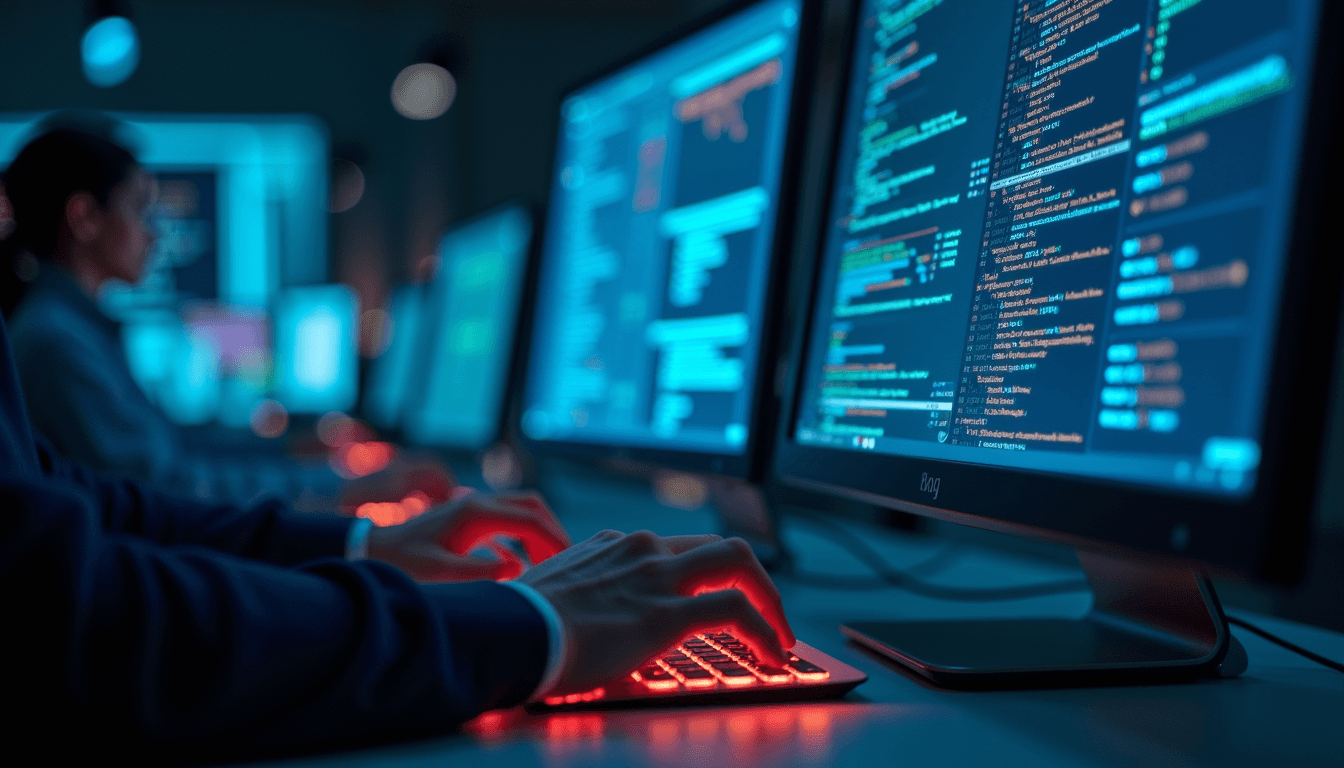 Close-up view of a cybersecurity professional monitoring network security on multiple screens