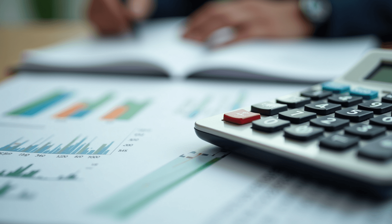 Close-up view of a calculator and financial documents on a desk