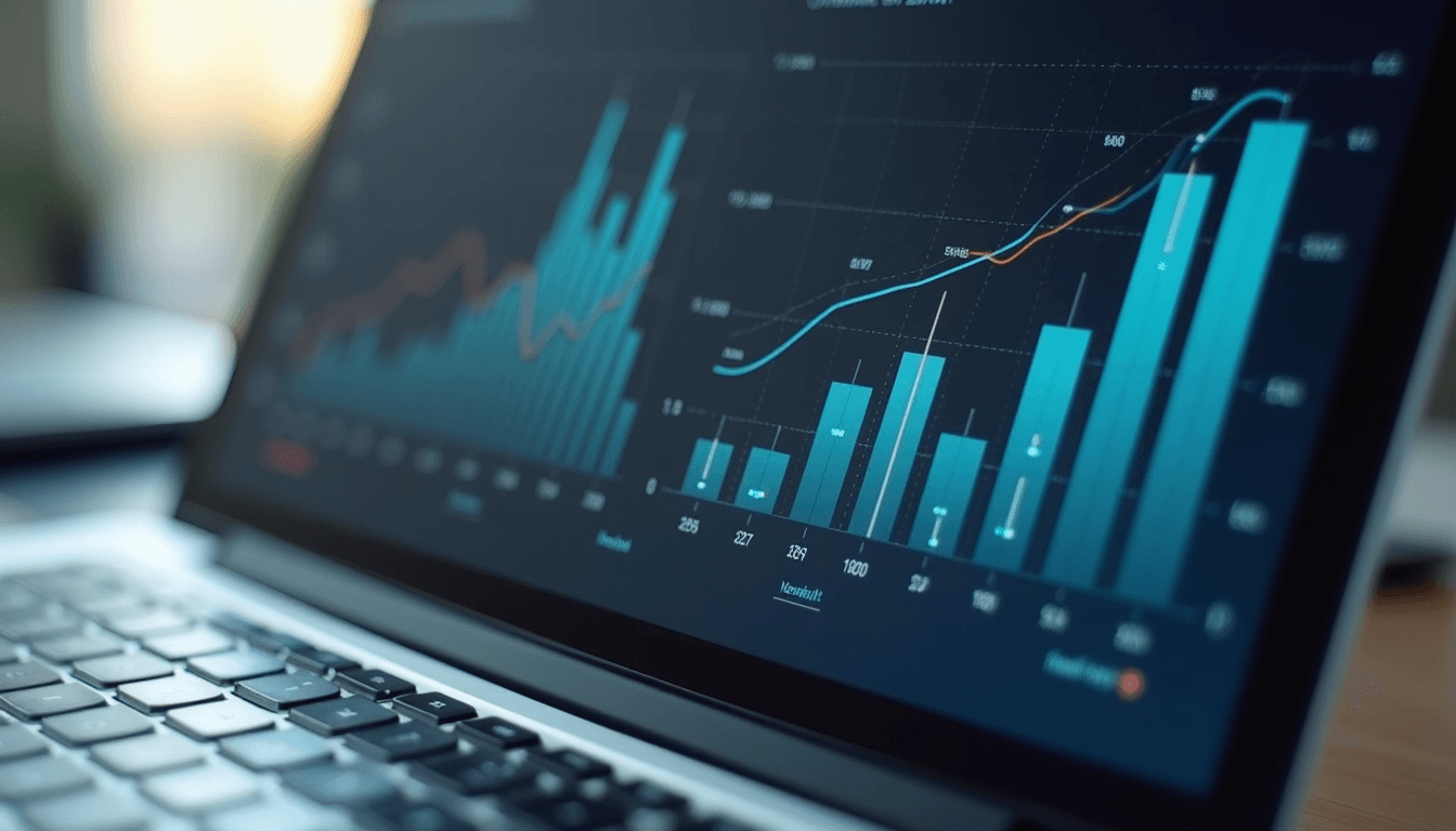 Close-up view of a laptop screen showing data visualization charts