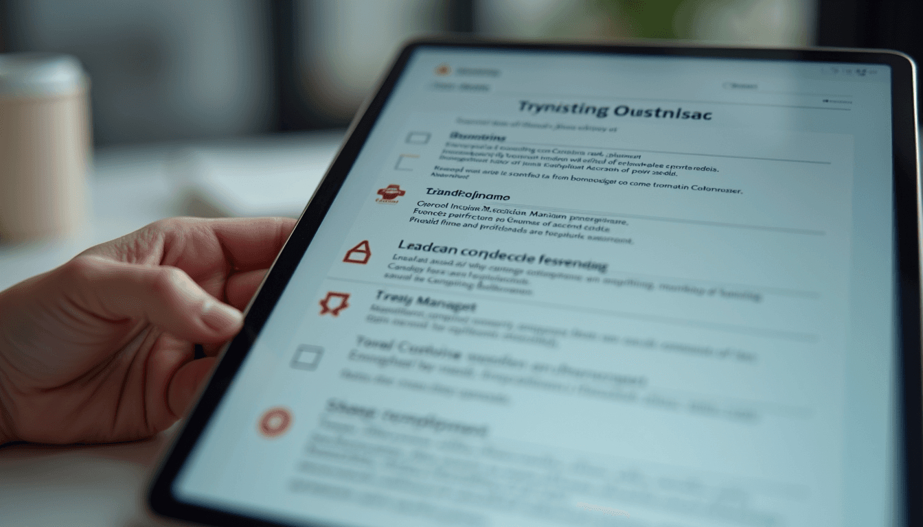 Close-up view of a compliance checklist on a digital tablet in an office setting