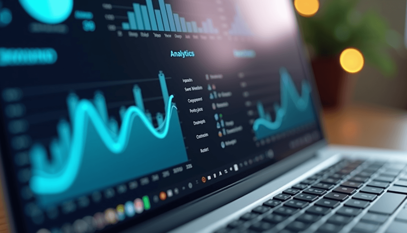 Close-up view of a laptop screen displaying data analytics dashboard