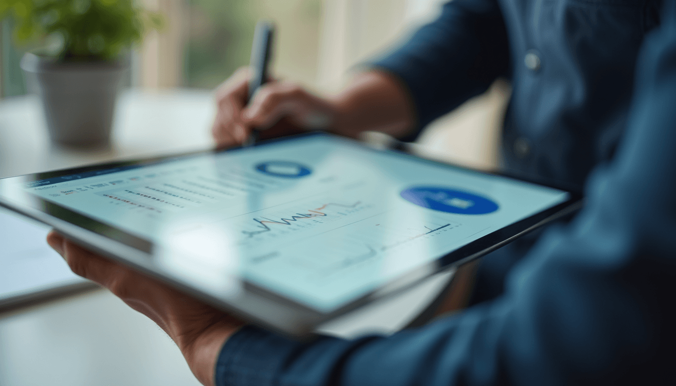 Close-up view of a digital tablet showing a project management dashboard