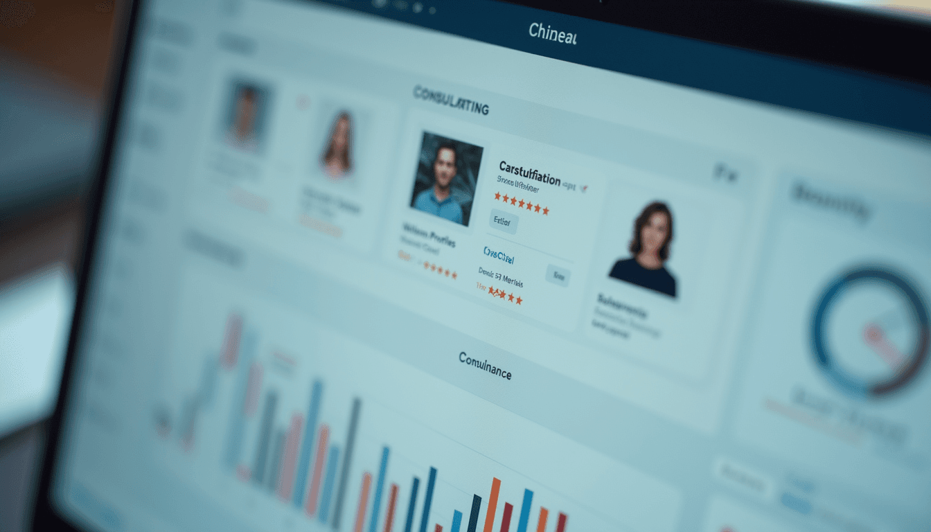 Close-up view of a digital dashboard showing consultant profiles and ratings
