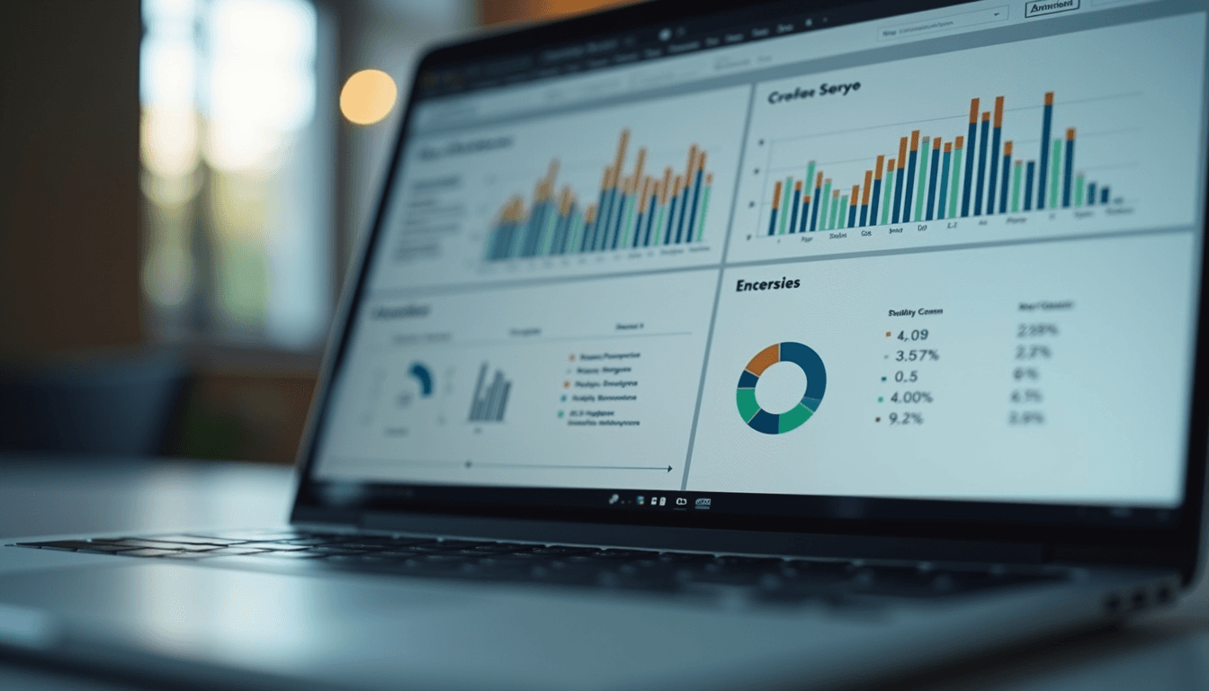 Close-up view of a laptop screen displaying data analytics dashboard during a training session