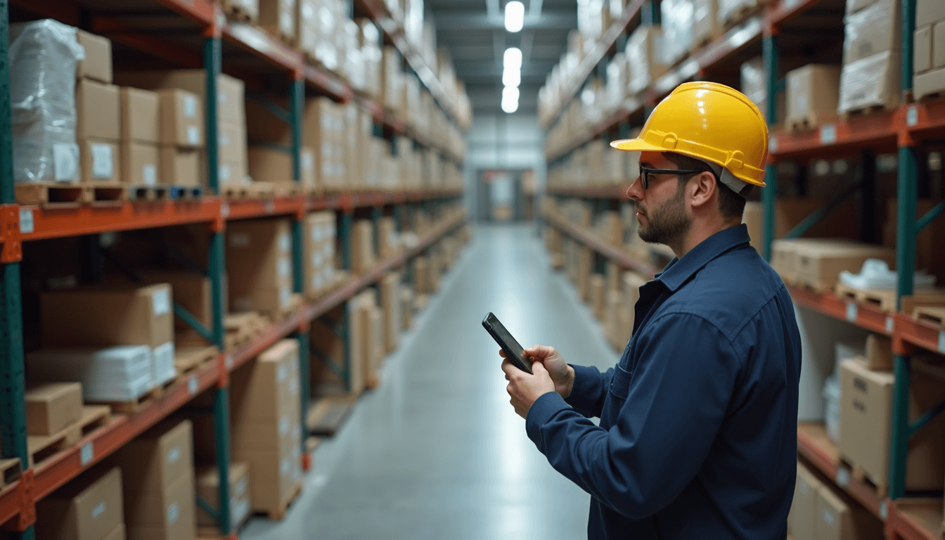 High angle view of a warehouse worker scanning inventory with a handheld device