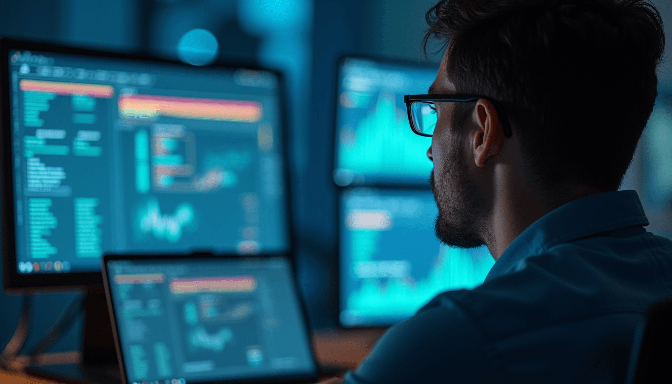 Close-up view of a cybersecurity analyst monitoring AI system alerts
