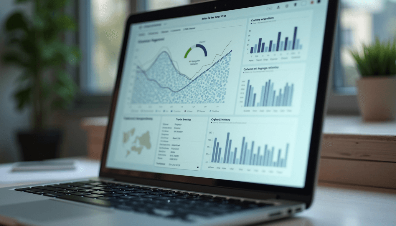 Close-up view of a laptop screen displaying a CRM dashboard with customer engagement metrics